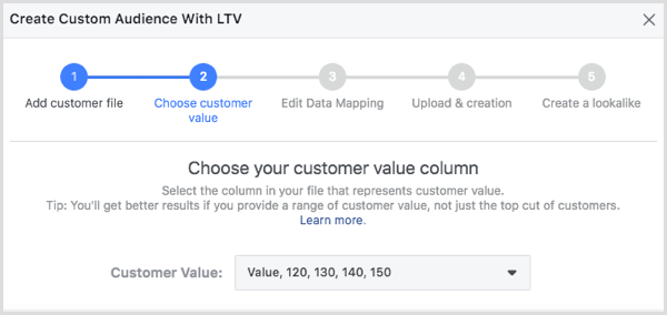 Vyberte stĺpec hodnoty pre zákazníka v dialógovom okne Vytvorenie publika pre zákazníka pomocou LTV.