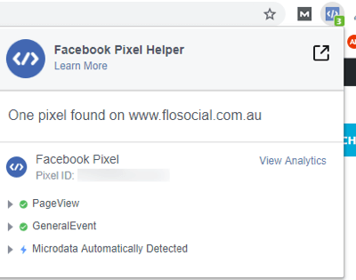 Použite nástroj na nastavenie udalostí na Facebooku, krok 12, podrobnosti o rozšírení Facebook Pixel Helper pre príklad webovej stránky