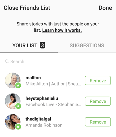 Možnosť kliknúť na Odstrániť na odstránenie priateľa z vášho zoznamu Zavrieť priateľov na Instagrame.