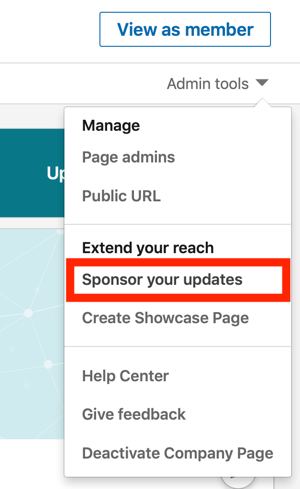Ako vytvoriť textovú reklamu LinkedIn, krok 1, Sponzorujte svoje aktualizácie v rámci Správcovských nástrojov