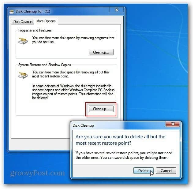 Odstráňte staré body obnovenia systému Windows pre viac miesta na pevnom disku
