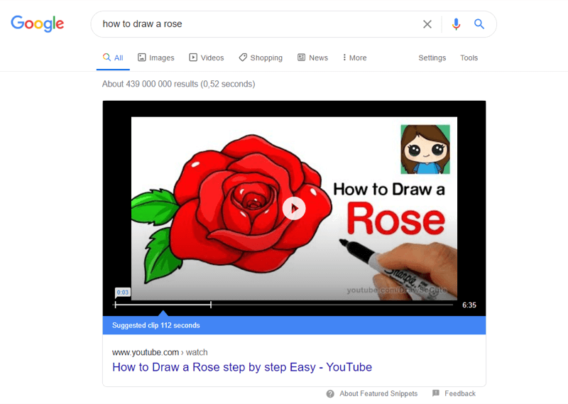 príklad najlepšieho videa z youtube vo výsledkoch vyhľadávania Google pre výraz „ako nakresliť ružu“