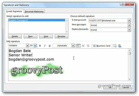 program Outlook 2013 používa logo groovypost podpisu