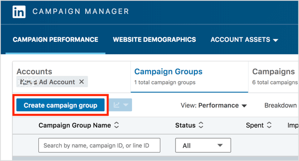 Na karte Skupiny kampaní v aplikácii LinkedIn Campaign Manager kliknite na tlačidlo Vytvoriť skupinu kampaní.
