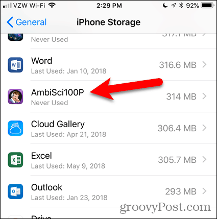 V aplikácii iPhone Storage klepnite na aplikáciu