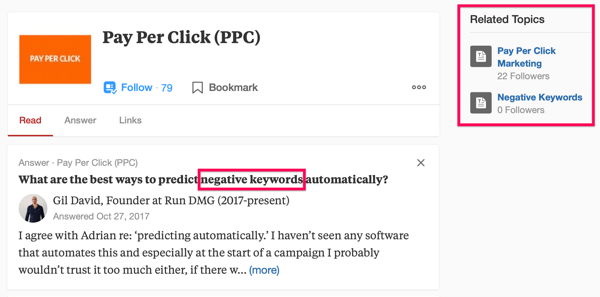 Príklad výsledku vyhľadávania Quora vrátane hľadaného výrazu „PPC“ a frázy „vylučujúce kľúčové slová“.