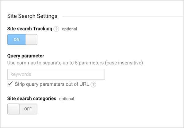 Toto je snímka obrazovky s možnosťami Nastavenia vyhľadávania na stránkach v službe Google Analytics. Možnosť Sledovanie vyhľadávania na stránkach je zapnutá. Nastavenia majú tiež možnosti zadania parametra dotazu a zapnutia alebo vypnutia kategórií vyhľadávania na stránkach.