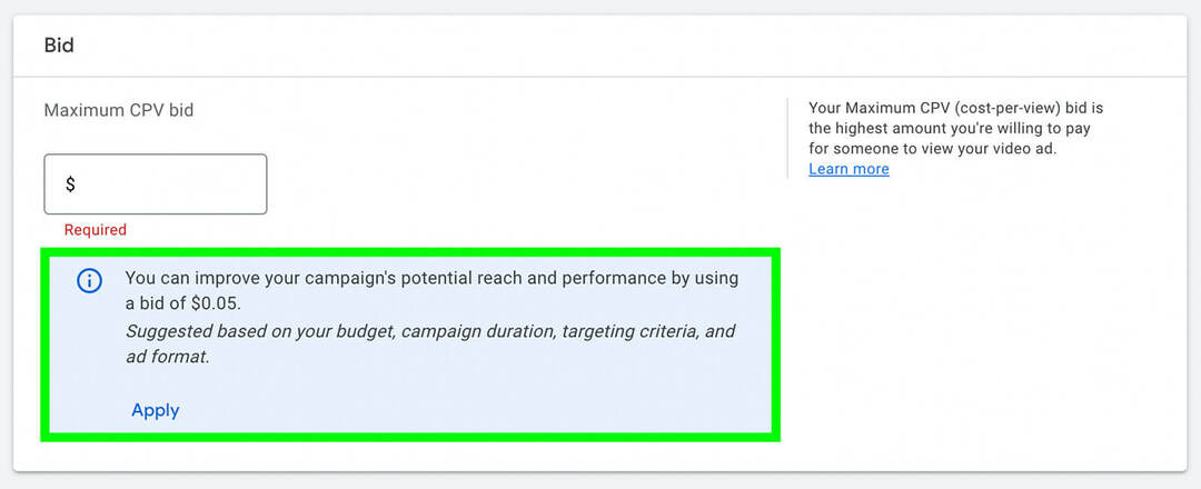 ako-vytvoriť-videoreklamu-s-existujúcou-krátkou-pomocou-youtube-shorts-ads-bid-strategy-set-maximum-cpv-cost-per-view-for-ad-use- google-ads-suggestions-initial-bid-example-7