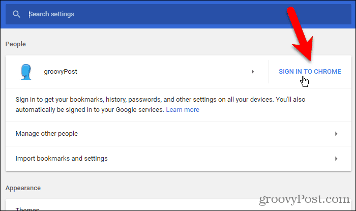 Kliknite na položku Prihlásiť sa do prehliadača Chrome v systéme Windows