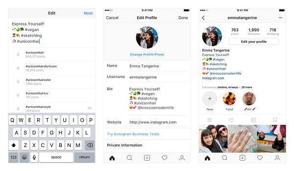 Instagram teraz umožňuje používateľom odkazovať na niekoľko hashtagov a ďalších účtov z ich profilových bios.