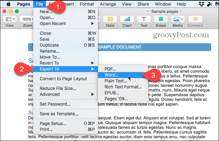 Súbor> Exportovať do> Word na stránkach Mac