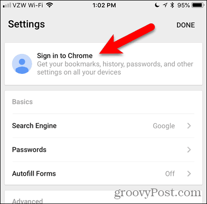 Klepnite na Prihlásiť sa do prehliadača Chrome na iOS