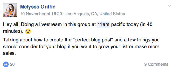 Podnikateľka Melyssa Griffin dáva svojmu publiku vedieť, kedy bude žiť na Facebooku.