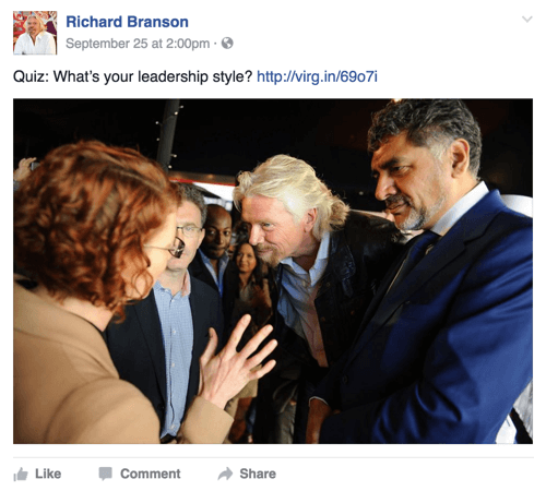 richard branson facebook príspevok s kvízom