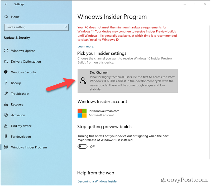 Kanál pre vývojárov nastavený v nastaveniach programu Windows Insider Program