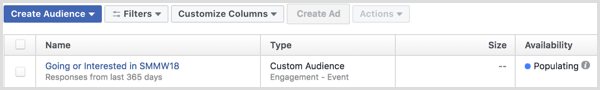 Facebook Ads Manager vytvára reklamu s vlastným publikom