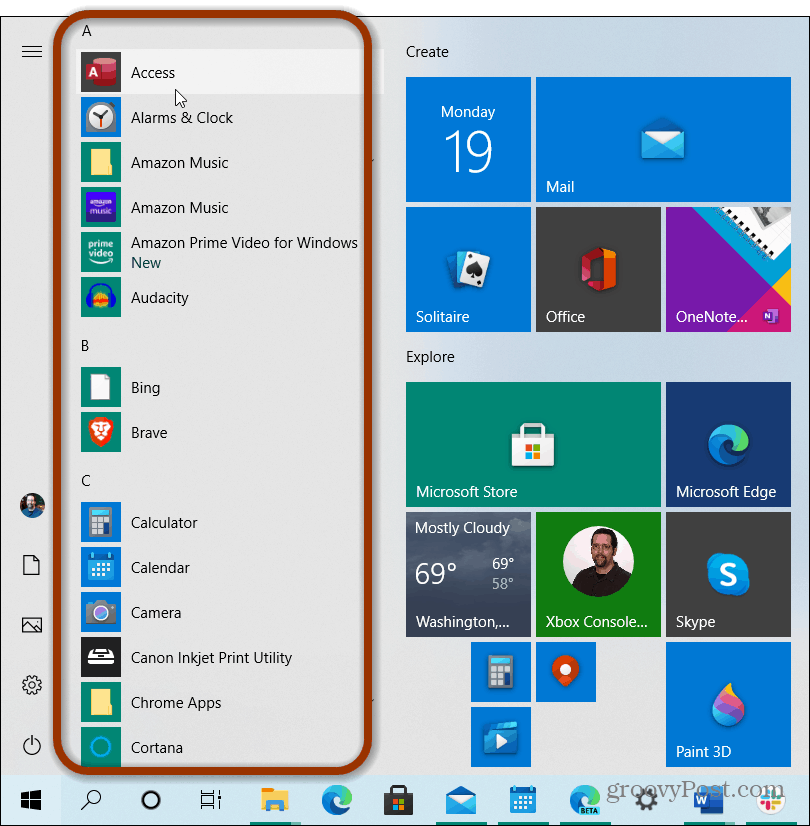 zoznam aplikácií ponuka Štart Windows 10