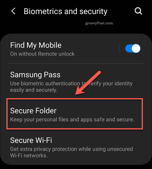Možnosť ponuky Android Secure Folder