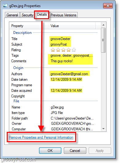 zobrazte podrobnosti o súbore v systéme Windows 7 a kliknite na položku Odstrániť vlastnosti a osobné informácie