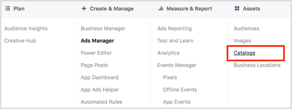 Kliknite na odkaz Katalógy v stĺpci Aktíva v aplikácii Facebook Ads Manager.