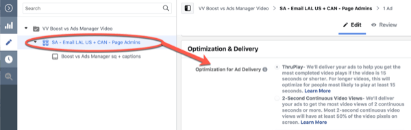Optimalizácia Facebook ThruPlay pre úpravu kampane s 10-sekundovým zobrazením, krok 3.