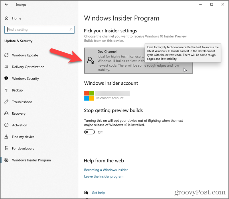 Kliknite na položku Vývojový kanál v časti Vyberte si svoje nastavenia Insider v systéme Windows 10