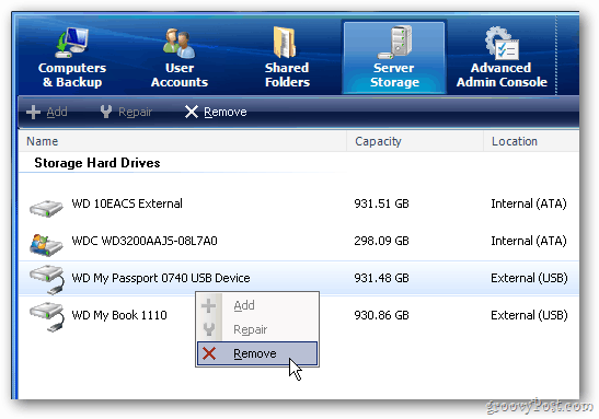 Windows Home Server: Ako odstrániť externý pevný disk