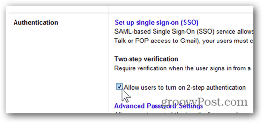 začiarkavacie políčko umožňuje používateľom zapnúť dvojstupňovú autentifikáciu
