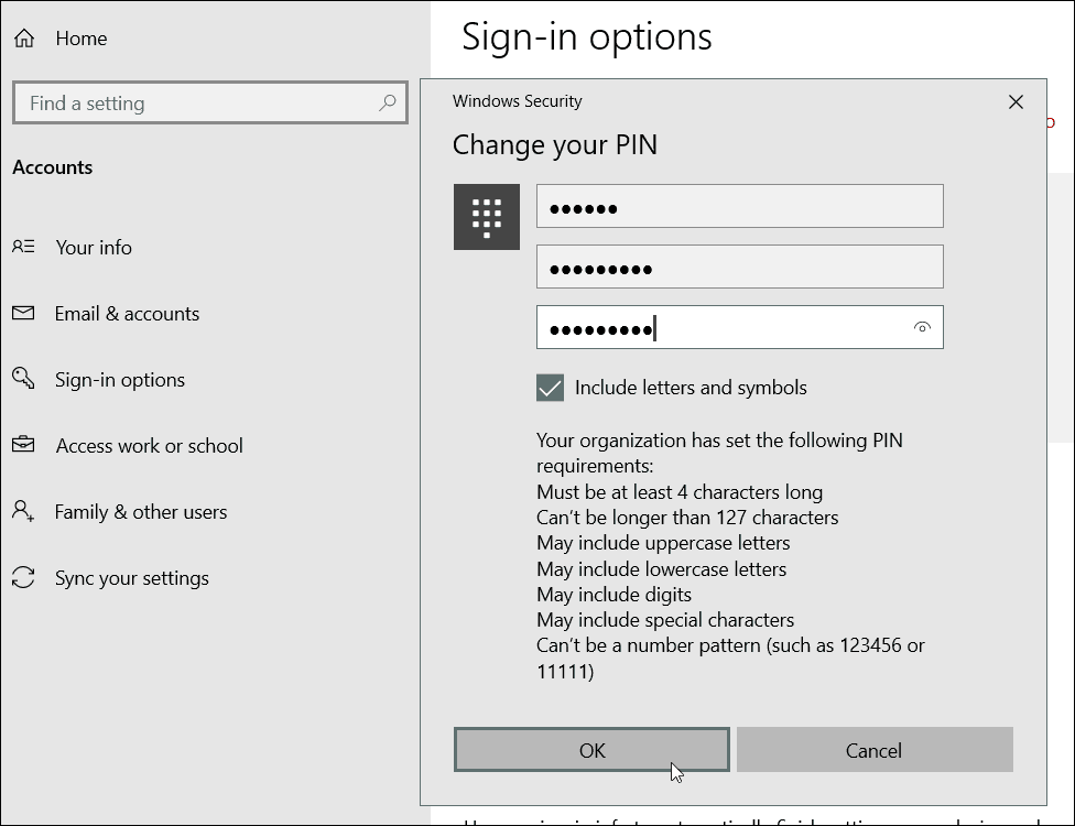 Požiadavky na PIN pre špeciálne znaky Windows 10