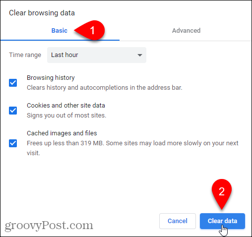 Karta Základné v dialógovom okne Vymazať údaje o prehliadaní v prehliadači Chrome