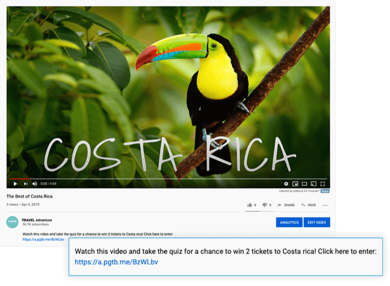 zvýraznený popis videa na youtube s ponukou sledovať video a absolvovať kvíz o šancu vyhrať 2 lístky do Kostariky