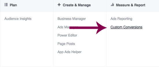 Prejdite na položku Vlastné konverzie v aplikácii Facebook Ads Manager.