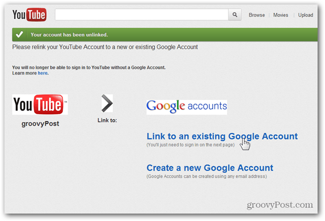 Prepojenie účtu YouTube s novým účtom Google - Kliknite na položku Prepojiť s existujúcim účtom