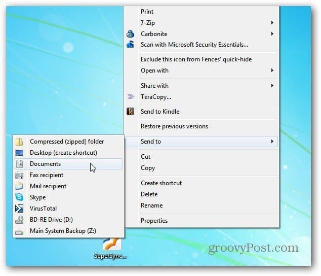 Windows 7 Kliknite pravým tlačidlom myši na ponuku: Pridať príkazy na kopírovanie a presun do priečinka