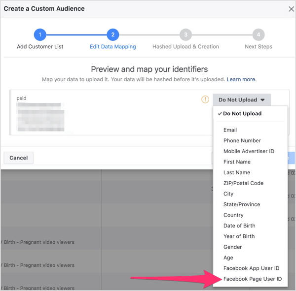 V rozbaľovacej ponuke vyberte ID používateľa stránky na Facebooku.