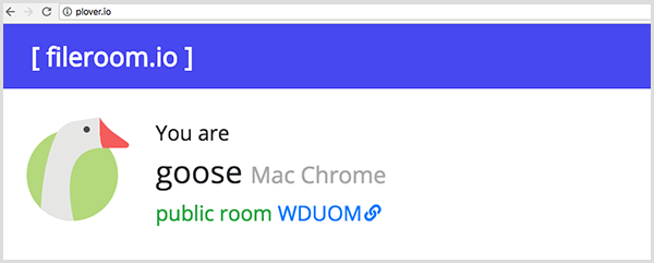 Kulík ukazuje zviera, ktoré vás predstavuje. Tento príklad ukazuje ikonu husi a text You Are Goose, Mac Chrome a Public Room.