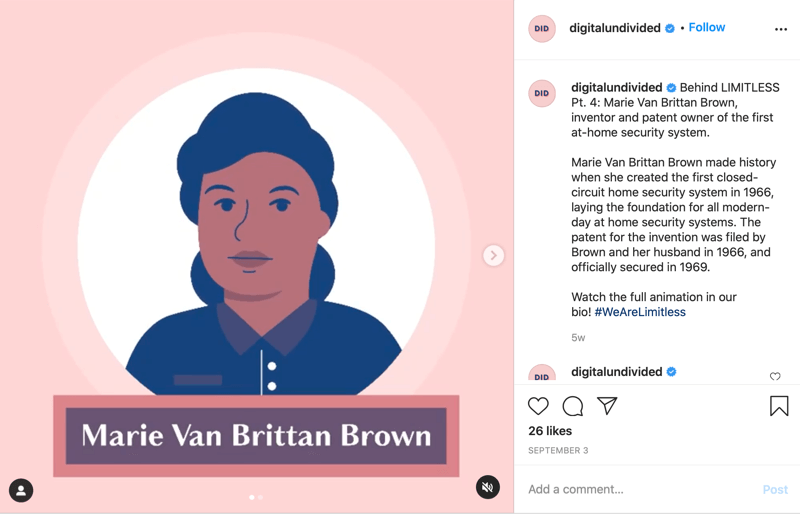 príklad úryvku príspevku mp4 zdieľaného s instagramom zvýrazňujúcim marie van brittan brown ako pt. 4 v sérii #wearelimitless
