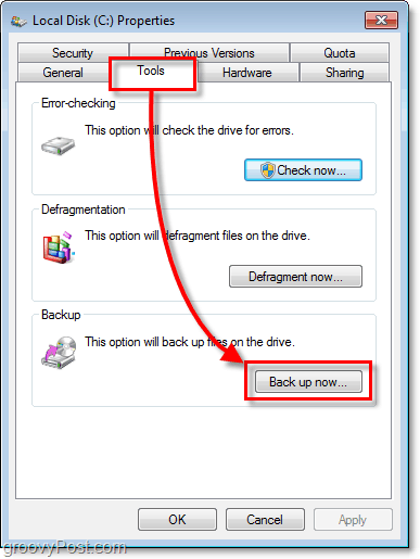 Zálohovanie systému Windows 7 - karta Nástroje na karte Vlastnosti a tlačidlo Zálohovať teraz