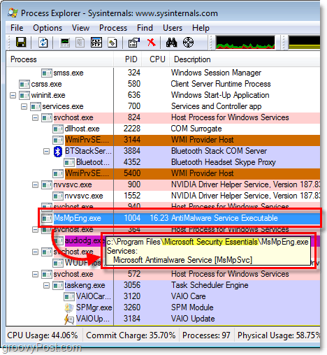 msmpeng.exe v Prieskumníkovi procesu systému Windows 7
