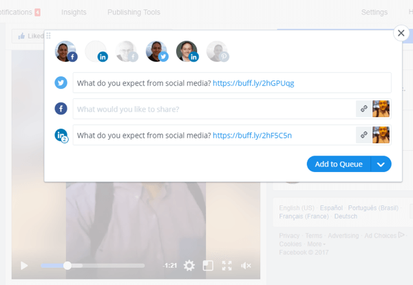 Nástroje ako Buffer vám môžu pomôcť zdieľať živé video z Facebooku na viacerých platformách sociálnych médií.