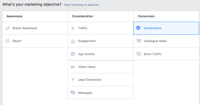 možnosť v správcovi reklám facebook zvoliť konverzie ako marketingový cieľ
