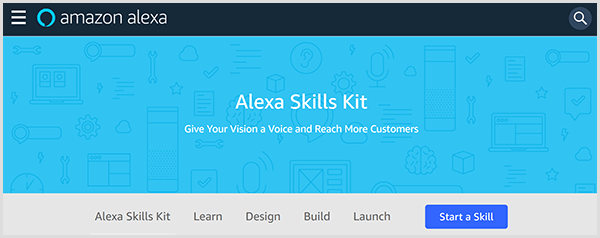 Webová stránka Amazon Alexa Skills Kit predstavuje tento nástroj a obsahuje karty, na ktorých sa môžete naučiť, navrhnúť, vytvoriť a spustiť zručnosti pre Alexa. 