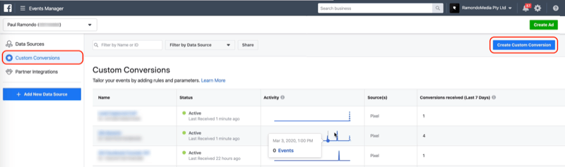 V nástroji Facebook Events Manager vytvorte tlačidlo Vlastná konverzia