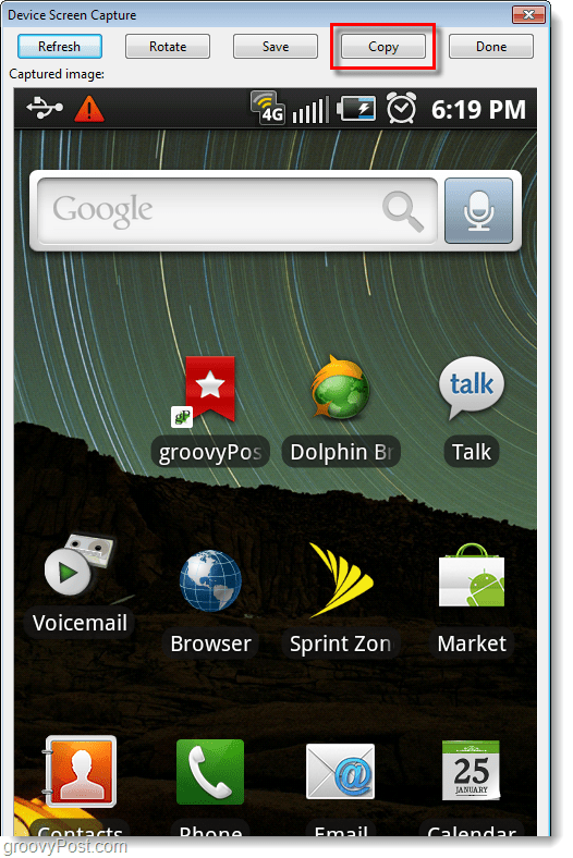 snímka obrazovky systému Android zachytená v počítači