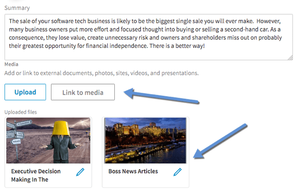 Kliknutím na Prepojiť s médiami pridáte video do sekcií Súhrn, Skúsenosti a Vzdelávanie vo svojom profile LinkedIn.