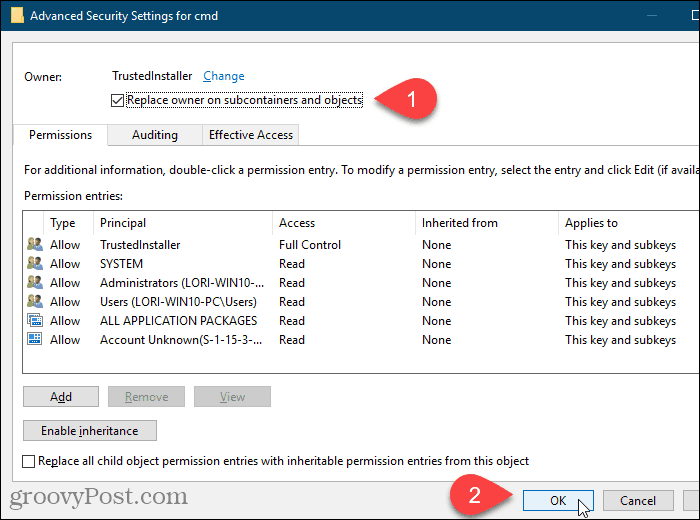 Začiarknite políčko Nahradiť vlastníka na subdodávateľoch a objektoch v dialógovom okne Rozšírené nastavenia zabezpečenia v editore databázy Registry systému Windows