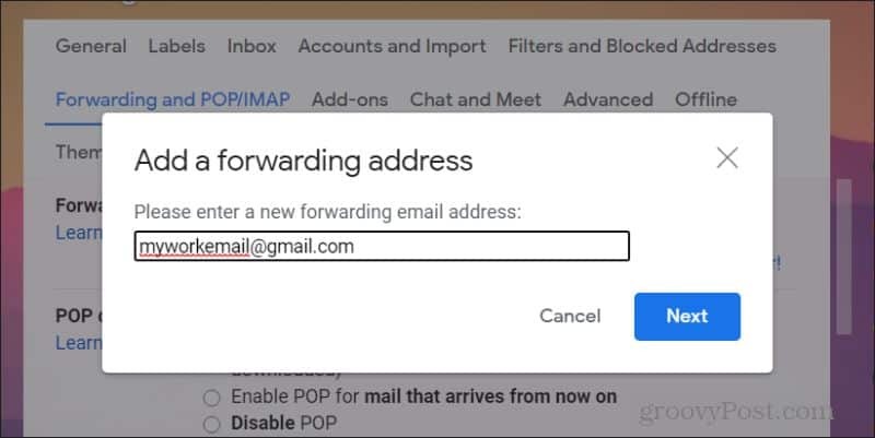 snímka obrazovky pridania e-mailov na posielanie ďalej