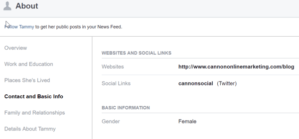 V sekcii O svojom osobnom profile na Facebooku zdieľajte svoj firemný web a odkazy na sociálne platformy, na ktorých je váš podnik aktívny.