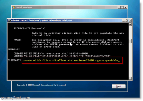 Windows 7 Native VHD Inštalácia Dual Boot Vytvorte VHD z CMD