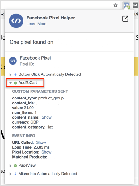 Výsledky doplnku Facebook Pixel Helper na stránke Pridať do košíka